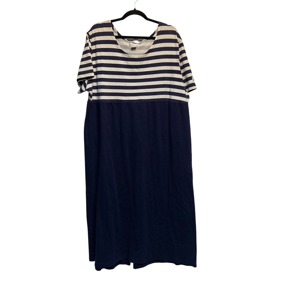 Adrian Jordan Dress 22/24 Navy Blue Striped Cotton‎ Short Sleeve Midi coastal